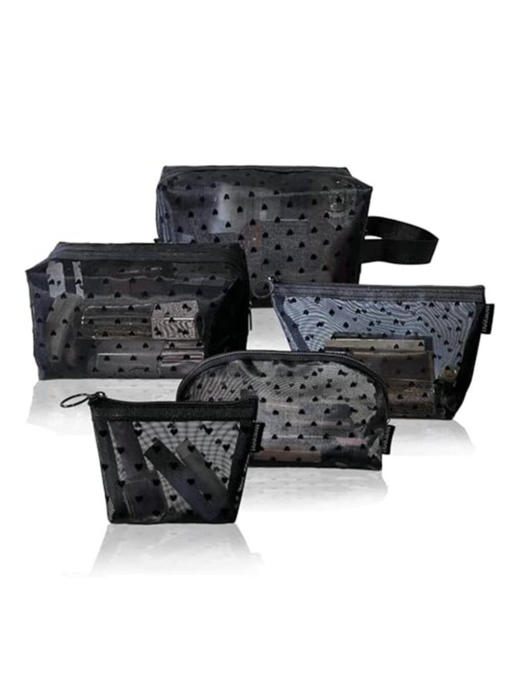 5 Pieces Heart Printed Mesh Makeup Bag Set Portable Travel Mesh Cosmetic Bags